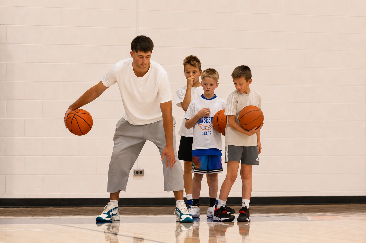 A college basketball player leading a youth dribbling drill at a Top Tier camp